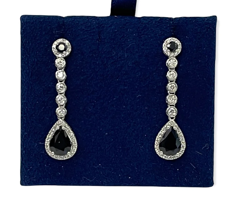 Sapphire Gem Diamond Drop Earrings White Gold 14kt