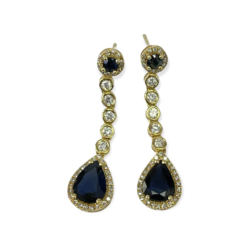 Sapphire Gem Pear Diamond Drop Earrings Yellow Gold 14kt