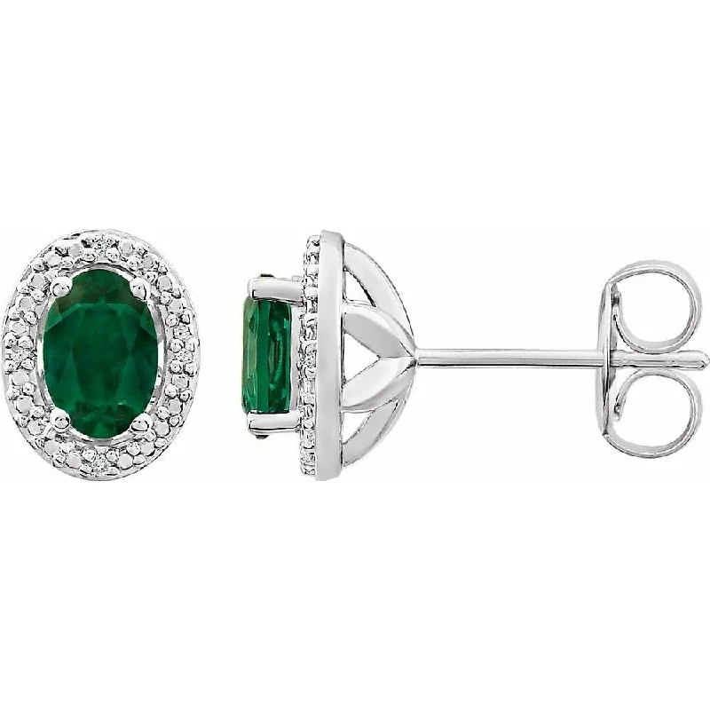 Sterling Silver Created Emerald & .025 CTW Diamond Stud Earring for Women