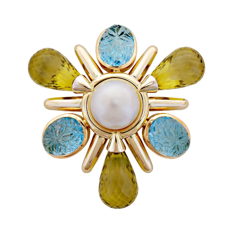 Brooch- Blue Topaz, Lemon Quartz And Pearl (1855D)