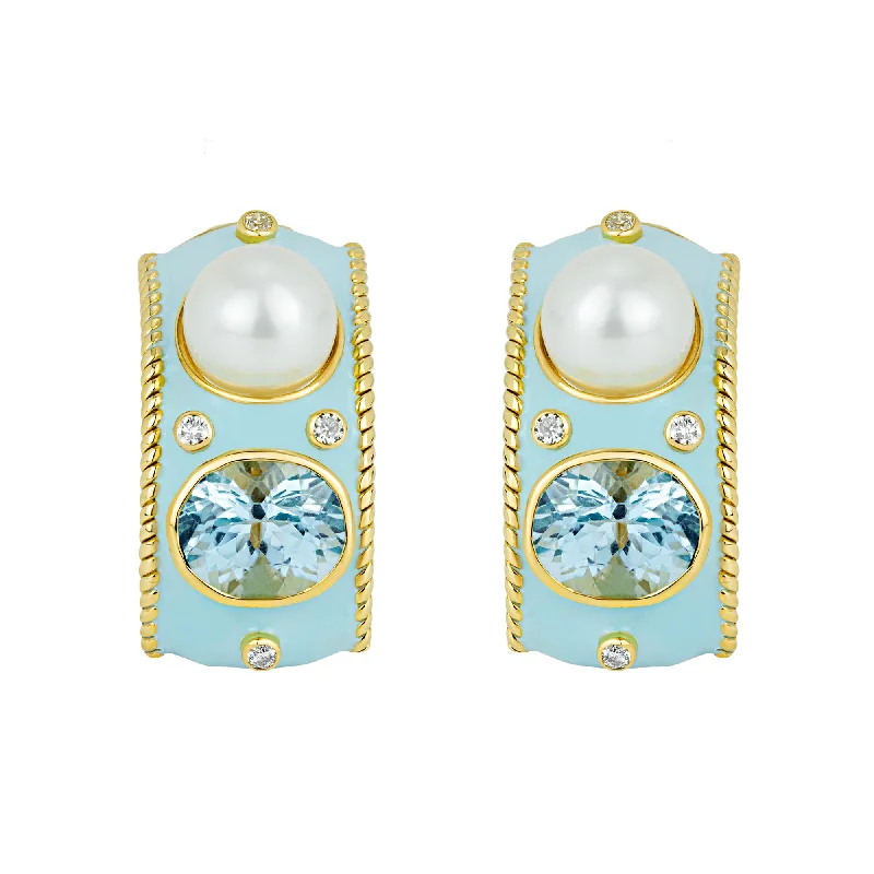 Earrings - Blue Topaz, South Sea Pearl And Diamond (enamel)