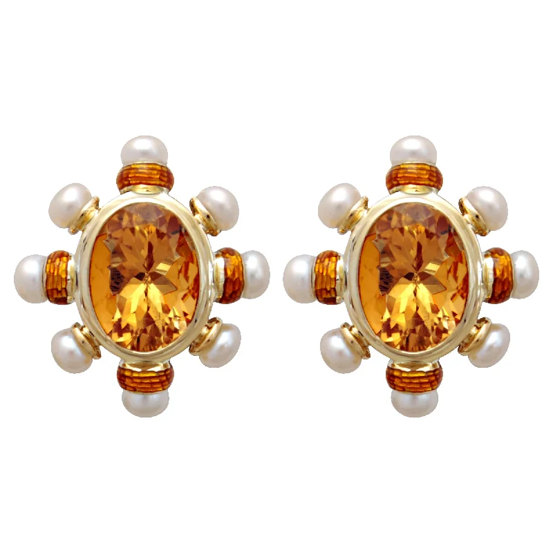 Earrings- Citrine And Pearl(enamel)