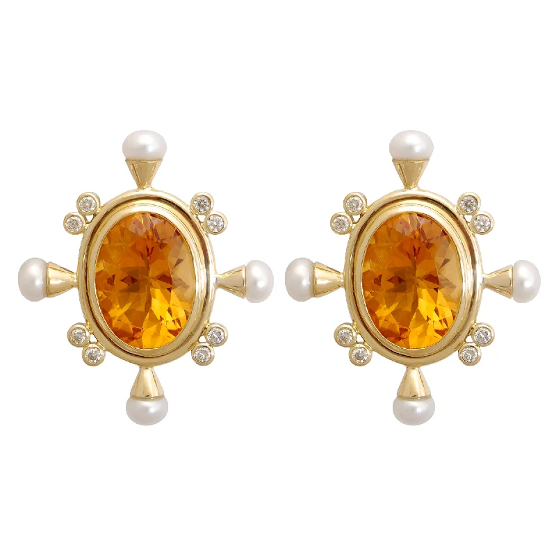 Earrings - Citrine, Pearl And Diamond