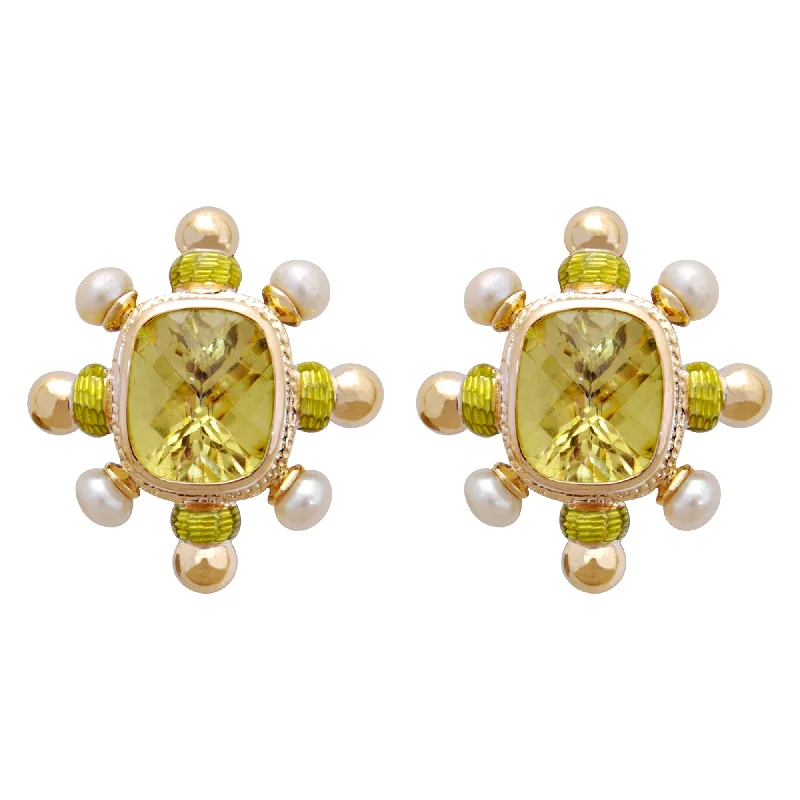 Earrings- Lemon Quartz And Pearl (enamel)