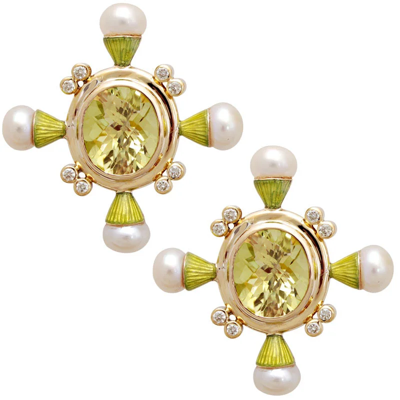 Earrings- Lemon Quartz, Pearl And Diamond(enamel)