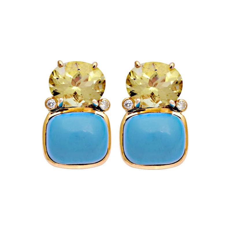 Earrings- Lemon Quartz, Turquoise And Diamond